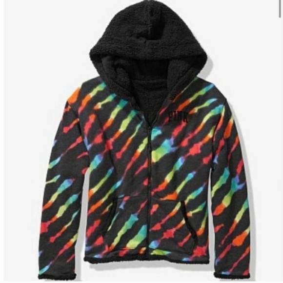 Like New VS Rainbow Black Reversible Sherpa Hoodie M - Picture 1 of 5